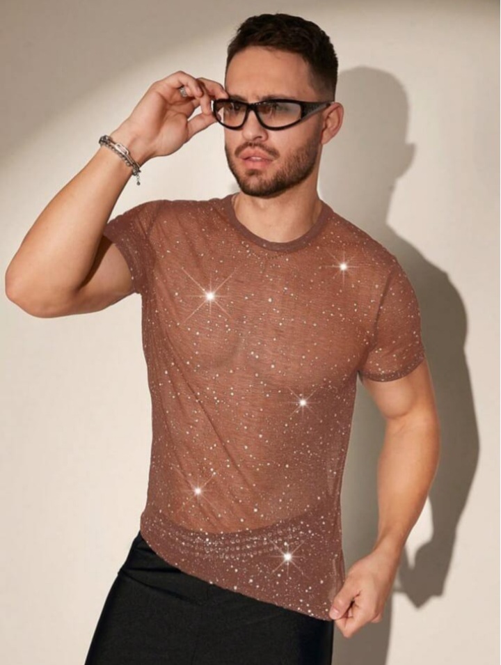 Men's Rhi9nestone Emblished Knit Casual T-Shirt